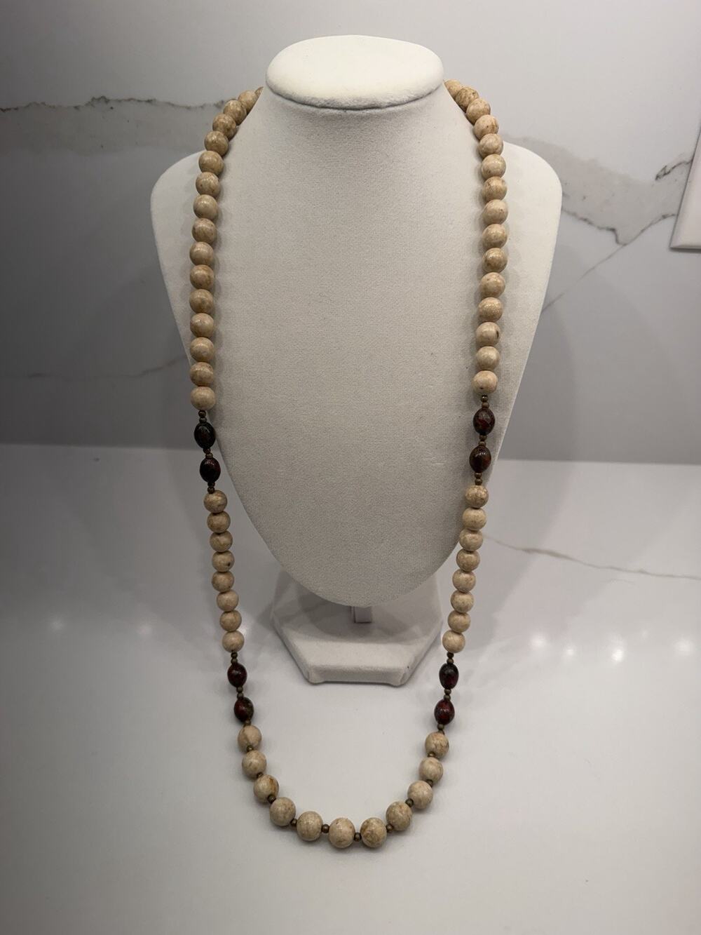 925 Sterling Silver Beige Stone Beaded Long Necklace Boho Artisan Statement
